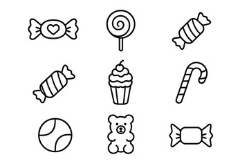 Candy and sweets line icon set. Simple minimal vector icons with editable stroke. Collection of isolated outline illustrations. Lollipop, cupcake, gummy bear, candy cane.