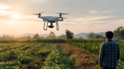 Farmer operating a drone over a lush agricultural field at sunset