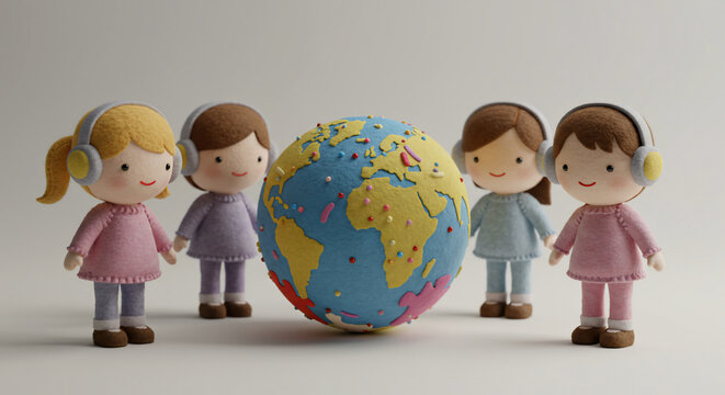 Four delightful felt-style doll children with headphones gather around a vibrant world globe
