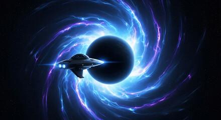 Futuristic spaceship flying near a dark planet and a glowing vortex in deep space. Space travel and exploration concept with a sci-fi style