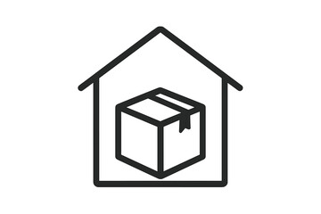 Home delivery service icon. Warehouse, storage unit concept. Package in house outline symbol for logistics, shipping, e-commerce, real estate. Minimalist vector illustration.