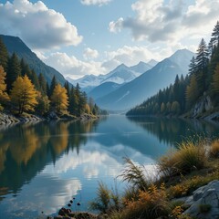 Autumnal landscape with mountains and a lake, calm water reflecting the forest and snowy peaks under a clear sky.