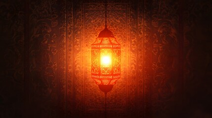 Ornate hanging lantern illuminates a dark room.