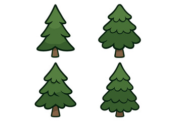 Cartoon pine trees vector set, forest illustrations with editable stroke for graphic design, websites, cards, books, articles, layered evergreen tree icons, transparent background