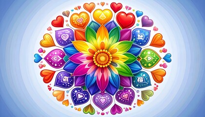Vibrant floral mandala design with hearts