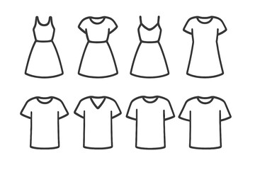 Dress and t-shirt line icon set. Fashion and clothing vector collection. Simple outline garment symbols for web, app, and print. Minimalist apparel illustration design.