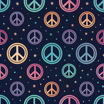 Colorful glitter peace symbols seamless pattern on dark starry background