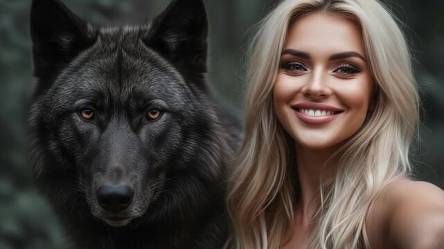 Majestic wolf and woman with blonde hair in serene forest setting