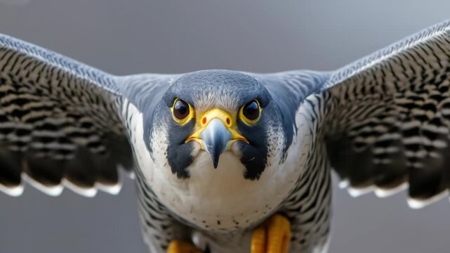 Close-up of a falcon's face and wings in flight, looking forward with intense focus.