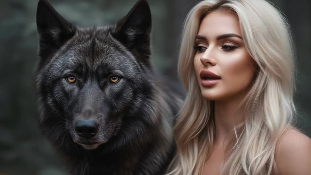 Elegant portrait of a blonde woman with a black wolf in the forest
