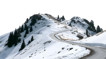 snowy mountain road winding toward the summit isolated on white background