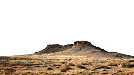 arid desert landscape with two mesa and dry bushes isolated on white background