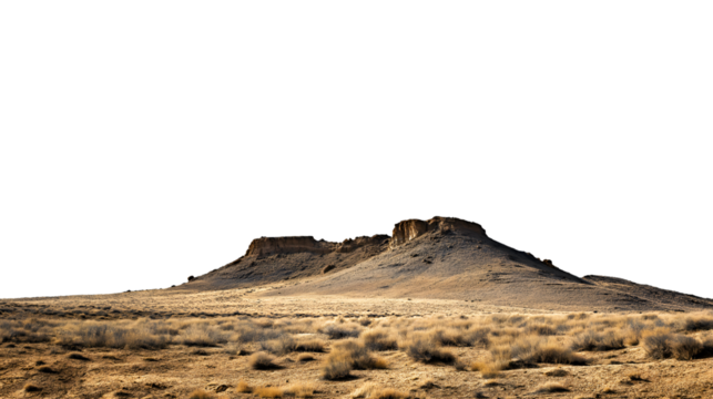 arid desert landscape with two mesa and dry bushes isolated on white background