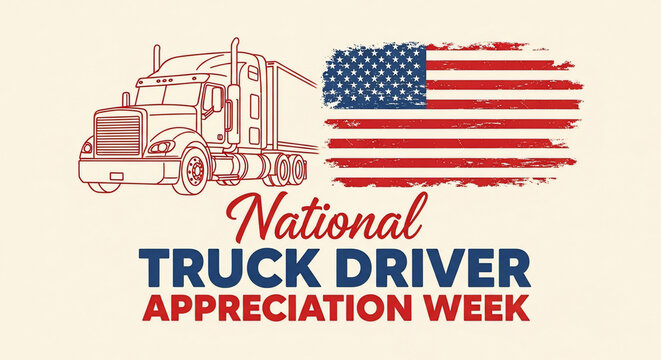 This illustration celebrates National Truck Driver Appreciation Week. Features a semi-truck graphic, the American flag, and text
