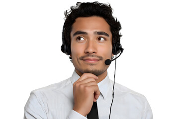 thoughtful customer service representative with headset and look away isolated on white background