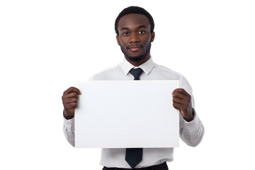 confident business man holding blank sign  isolated on white background