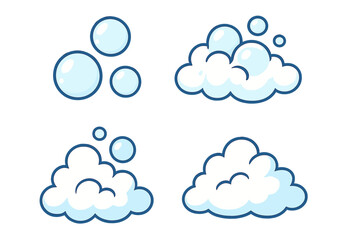 Bubble and foam vector icon set. Cartoon soap suds collection for web, apps, books. Blue water bubbles illustration. Clean wash concept. Lather graphic element design.