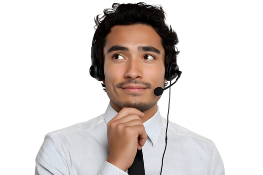 thoughtful customer service representative with headset and look away isolated on white background