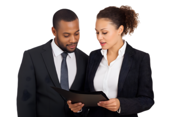 Two professionals examining documents attentively isolated on white background