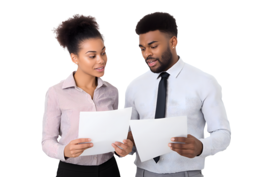 Two colleagues discussing documents in a work environment isolated on white background