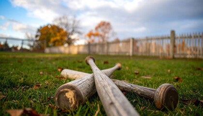Old baseball bats on a grassy field