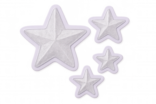 Metallic silver glittery stars with white border, transparent background, perfect for holiday graphics, ratings, festive design elements