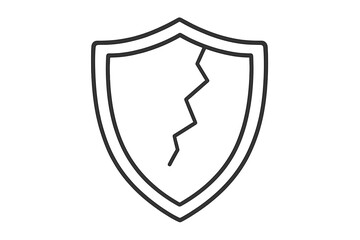 Cracked shield icon. Broken security symbol. Vulnerability and risk concept. Vector illustration for protection failure, data breach, insecure system, cyber attack.
