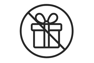No gifts icon. Gifts prohibited sign. Anti-corruption, bribery concept. Forbidden present symbol. Warning, restriction, not allowed pictogram. Vector line art illustration.