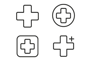 Obraz premium Medical cross icon set. Health care symbol collection for UI design. First aid, hospital, and pharmacy sign. Emergency plus logo element for web and mobile apps. Editable stroke vector.