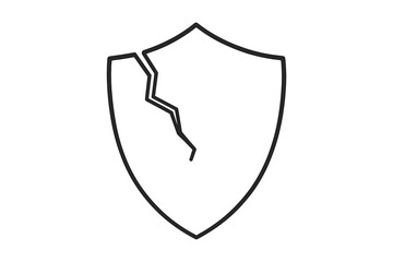Broken shield icon. Concept of vulnerability, risk, and failed protection. Vector symbol for data breach, cybersecurity error, and system failure. Insecure and unprotected.