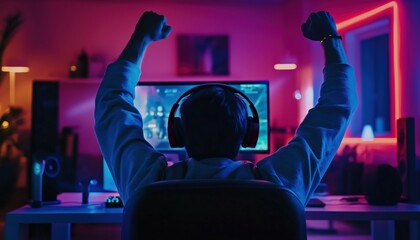 Cheerful Asian Gamer Enjoys Playing Video Games With Neon Lights In Modern Living Room At Night, Streaming Esports. Home Quarantine Activity.