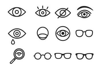 Fototapeta premium Eye and vision line icon set. Ophthalmology and optometry concepts. Pack of outline icons including glasses, contact lens, blindness, and search symbols for web design.