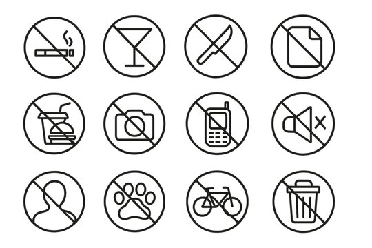 Prohibition signs thin line icon set. Vector forbidden symbols collection. No smoking, food, alcohol, pets, phone, camera, littering. Restriction warning outline icons.