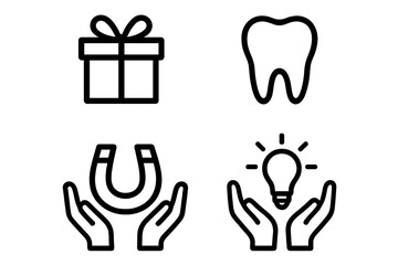 Obraz premium Simple line icon set. Gift, present, charity. Dental, tooth care. Magnetism, attraction concept. Idea, innovation, inspiration symbol. Universal pictograms for web design.