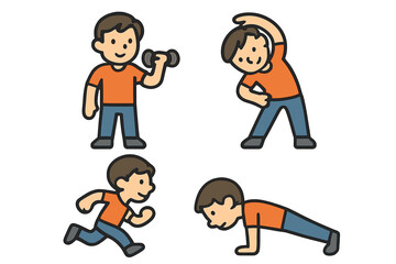 Man character doing exercises. Fitness, sport, and healthy lifestyle icons set. Workout collection with dumbbell, stretching, running, and push-ups. Vector illustration.