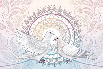 Intricate white lace mandala pattern with soft pastel gradient background