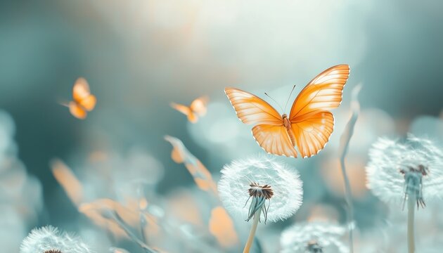 Fototapeta Delicate Artistic Image Of Nature: Spring Blooms With Dandelions And Flitting Orange Butterflies In Soft Pastel Light Tones Macro Photography.