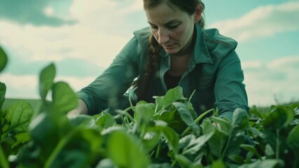 A woman, engaged in the work of farming, is shown planting seeds into a well-tended garden. The scene suggests a focus on sustainability and the cultivation of healthy environments.