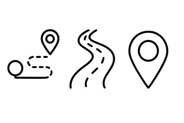 Route and road map icons, location pin and winding road outline vector, navigation symbols for travel, GPS app, direction and location pointer, cartoon style graphics