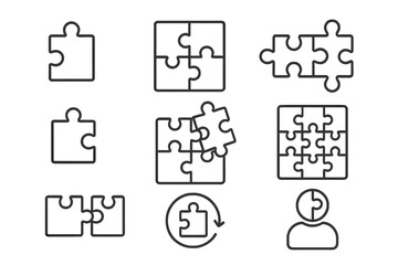 Jigsaw puzzle outline icon collection. Business strategy & solution concept. Metaphor for teamwork, connection, problem-solving, challenge & logic. Editable stroke vector set.