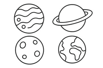 Planet icon set outline style. Linear pictogram pack. Solar system objects. Earth, saturn, jupiter, moon. Space astronomy science symbols for web, apps, logo design.