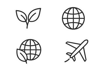 Eco travel and sustainable tourism line icon set. Green flight, planet conservation, and global ecology concept. Vector leaf, earth globe, and airplane outline signs.