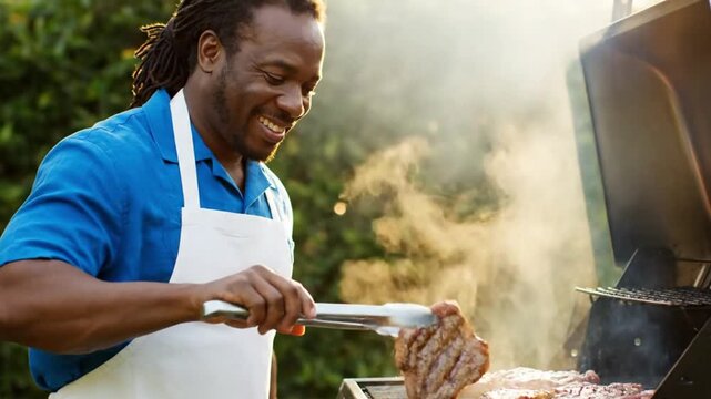 A smiling man with dreadlocks wearing an apron grilling food with smoke in the background outdoors