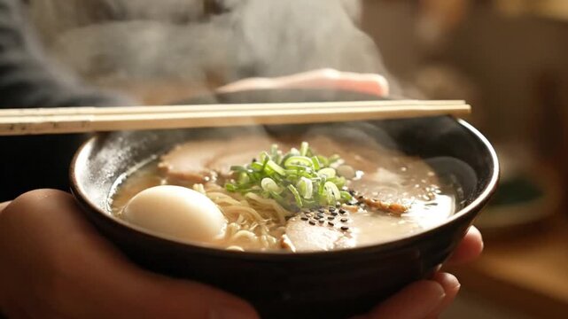 A person holding a steaming bowl of ramen with chopsticks resting on top in a close up view