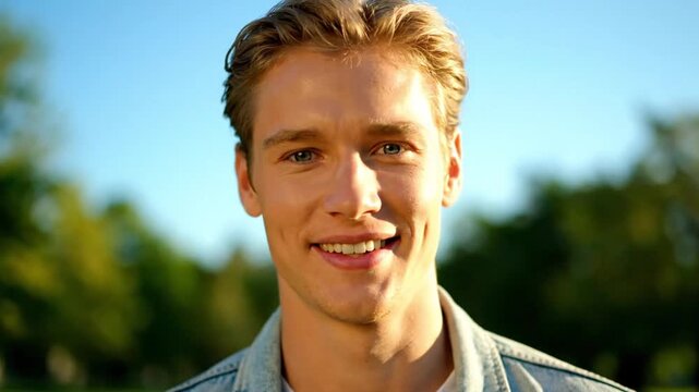 A smiling young man with blonde hair and a denim jacket stands outdoors against a blurred background