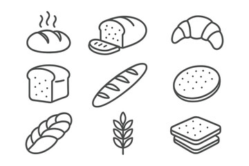 Bread and bakery line icon set. Collection of simple outline pictograms. Loaf, baguette, croissant, pastry, toast, wheat ear, cracker. Vector graphic element for design.