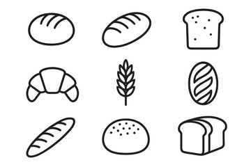Set of bread and bakery line icons. Includes loaf, toast, croissant, baguette, bun, and wheat ear. Food symbols for bakery shop, menu, web design. Pastry, dough, gluten concept.
