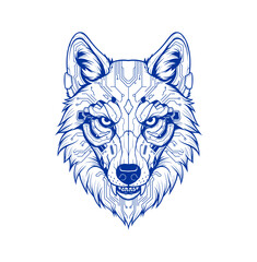 Futuristic cybernetic wolf head roaring with technological detail