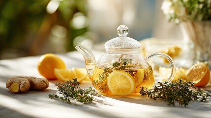Glass teapot with lemon slices and herbs on a white table, sunny outdoors