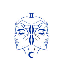 Mystical Gemini duality portrait with celestial moon and stars
